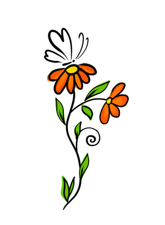 Simple flowers with butterflies lines. Greeting card. Vector illustrationのイラスト素材