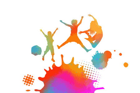 Happy Holi card with kid and blots. Spotted silhouette in iridescent tones on white background. Vector illustrationのイラスト素材