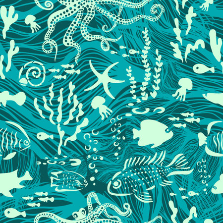 Cute summer sea seamless pattern with seaweed, shells and fish. Ocean life of a tropical reef - underwater inhabitants, starfish, shellfish and algae on a blue backgroundのイラスト素材