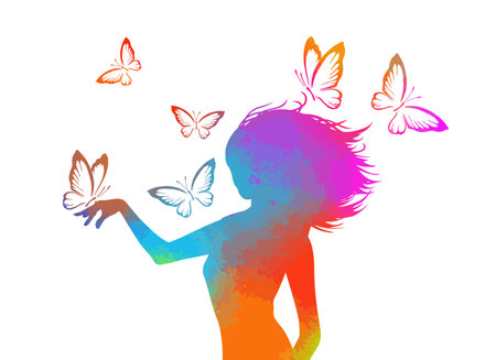 Silhouette colorful girl profile with flying butterflies. Vector illustrationのイラスト素材