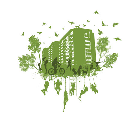 Green leaf with eco friendly city buildings and people. Green city silhouette with people. Ecology urban. Vector illustrationのイラスト素材