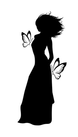 Silhouette of a girl with butterflies. Vector illustrationのイラスト素材