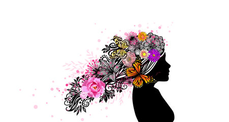 Boho black woman with butterflies in her hair. Abstract African girl with flowers in her hair. Vector illustrationのイラスト素材