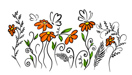 Simple flowers with butterflies lines. Greeting card. Vector illustrationのイラスト素材