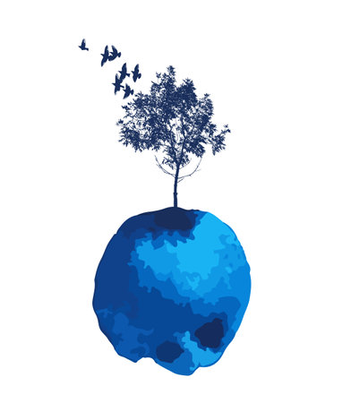 The object is a tree with birds in a watercolor. Vector illustrationのイラスト素材