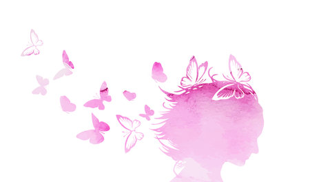 Woman head silhouette with flowers and butterflies, Pink head of a girl with butterflies. Vector illustrationのイラスト素材
