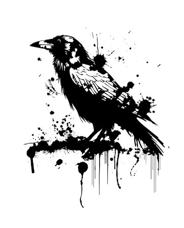 Dark ink pen hand drawn zoo corvidae corone tail feather emblem design retro art doodle pencil cartoon contour print style. Black crow ink pen. Vector illustrationのイラスト素材
