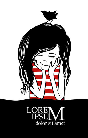 The girl fell into thought with a bird on her head. Vector illustrationのイラスト素材