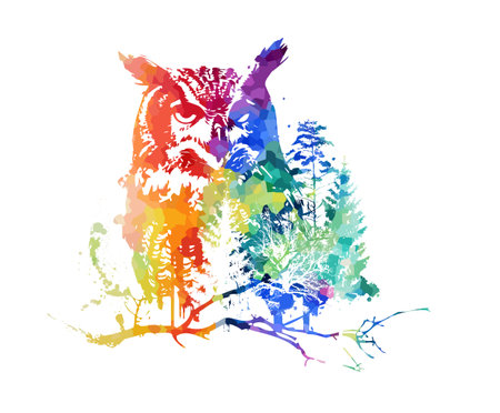 colorful graphic portrait of an owl in the forest. Abstraction trees and owl. Print for t-shirt or tattoo, graffiti style. Vector illustrationのイラスト素材