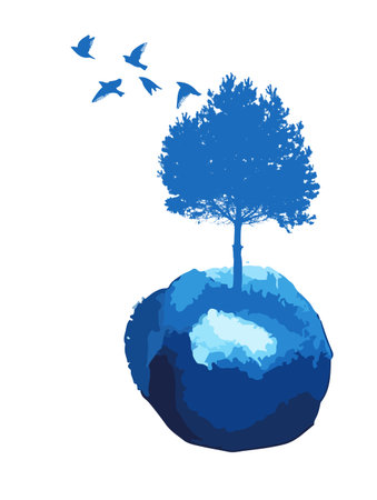 The object is a tree with birds in a watercolor. Vector illustrationのイラスト素材