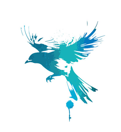 Abstract watercolor blue flying magpie. A beautiful bird in flight. Graffiti style. Vector illustrationのイラスト素材