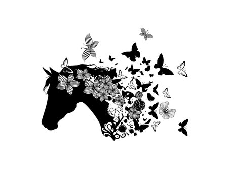 Horse head silhouette from flowers and butterflies. Vector illustrationのイラスト素材