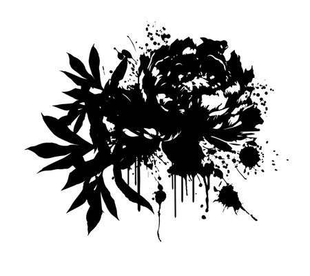 Black peony flower with blots. Graffiti, tattoo. Vector illustrationのイラスト素材