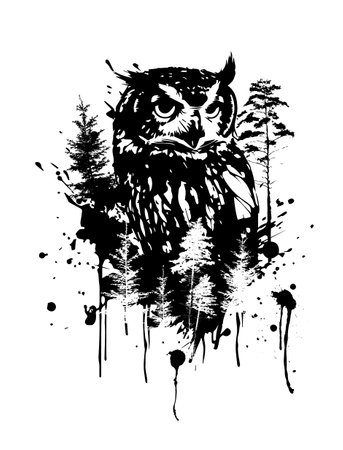 Monochrome graphic portrait of an owl in the forest. Abstraction trees and owl. Print for t-shirt or tattoo, graffiti style. Vector illustrationのイラスト素材
