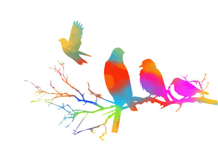 Birds are sitting on a colorful branch. Vector illustrationのイラスト素材