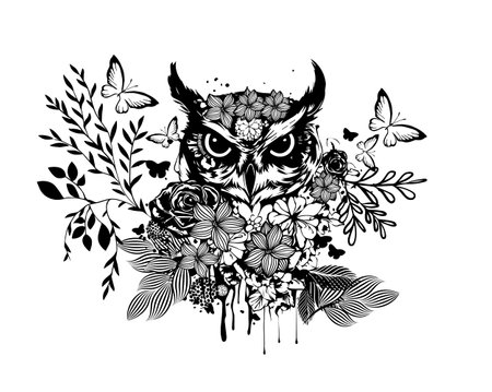 Owl with flowers. Black and white print. Vector illustrationのイラスト素材