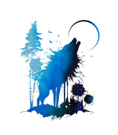 The wolf howls at the moon graphics. blue werewolf. Tattoo, t-shirt print. Vector illustrationのイラスト素材