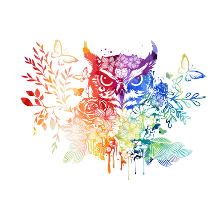 Fantastic illustration with an owl, Portrait of a colorful owl made of flowers, leaves and butterflies. Used as a coloring or print on t-shirt or notebook cover. Vector illustrationのイラスト素材