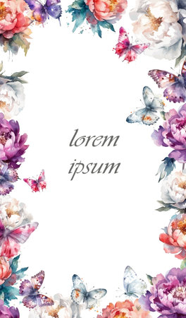 Greeting card with flowers and butterflies watercolor frame for text. Vertical frame. Vector illustrationのイラスト素材