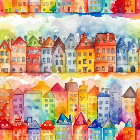Seamless pattern watercolor houses. City. Street of colored houses. Vector illustrationのイラスト素材
