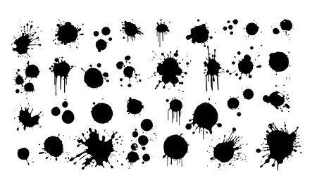 Black ink spots set on white background. Ink illustration.