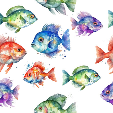 Cute fish. Colored watercolor fishes seamless pattern. Vector illustrationのイラスト素材