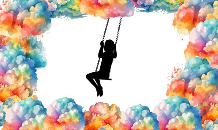girl on a swing in the clouds. Vector illustration