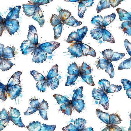 Blue watercolor butterflies seamless pattern. Vector illustrationの写真素材