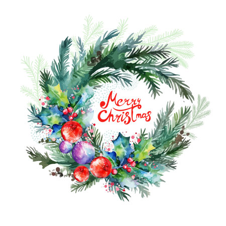 Christmas watercolor wreath of fir branches. Spruce new year wreath. Decorative element. Vector illustration.のイラスト素材