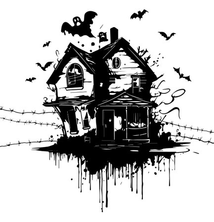 Illustration of silhouette a scary house. Mystical house with monsters and ghost for Halloween. Spooky house. Vector illustration for the store. Tattoo.のイラスト素材