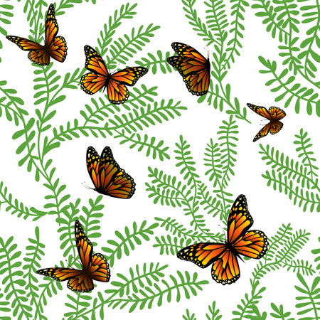 Green twigs with butterflies seamless pattern. Vector illustrationのイラスト素材
