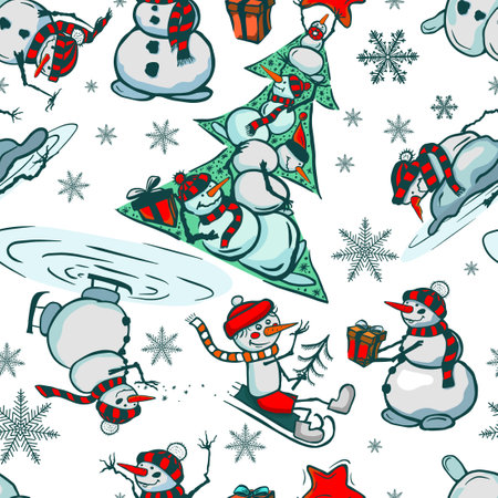 Vector seamless pattern with snowman, snow. Winter simple, stylish Scandinavian repeat texture for wrapping, web page background, Christmas, New Year greeting card, fabrics, home decor, scrapbookingのイラスト素材