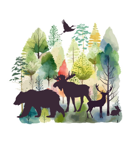 Silhouettes of animals in the forest. Vector illustrationのイラスト素材