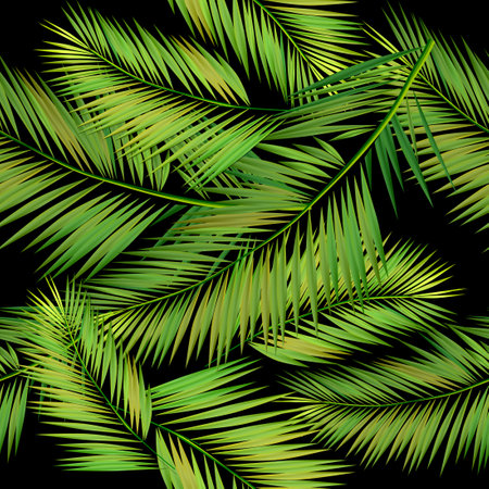 Palm leaves seamless pattern on black background. Vector backgroundのイラスト素材