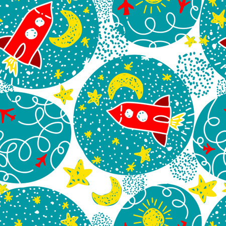 Seamless background of rockets in space. Vector illustrationのイラスト素材
