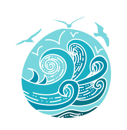 sea (ocean). logo design. The object is a round sign of the sea and seagulls. Vector illustrationのイラスト素材