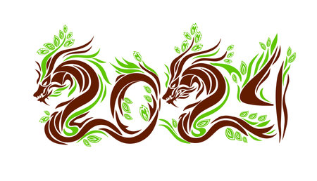 Happy chinese new year 2024 the dragon zodiac sign. Wooden dragon with leaves and twigs. Vector illustrationのイラスト素材