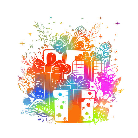 Merry Christmas and Happy New Year design. Colored Christmas gifts. Vector illustrationのイラスト素材