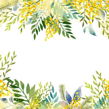 Frame with Yellow mimosa. Spring wreath of the brightest yellow flowers. Hello Spring . hand drawing. Not AI,のイラスト素材