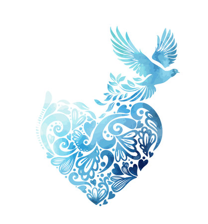 blue heart made of patterns with a bird. hand drawing. Not AI. Happy Valentines Day. Vector illustrationのイラスト素材