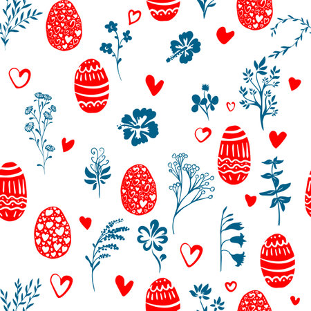 Cute Easter seamless pattern of flowers and eggs. hand drawing. Not AI. Vector illustrationのイラスト素材