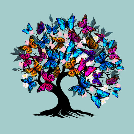 Tree with butterflies. hand drawing. Not AI, Vector illustrationのイラスト素材
