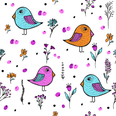Decorative seamless background with birds and flowers. hand drawing. Not AI. Vector illustrationのイラスト素材