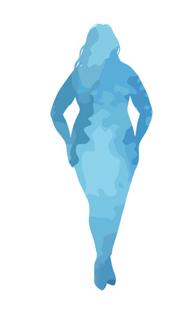 Abstract fat woman in a blue watercolor dress. Vector illustration. hand drawing. Not AI, Vector illustrationのイラスト素材