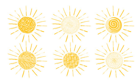 Set of drawn suns. hand drawing. Not AI. Vector illustrationのイラスト素材