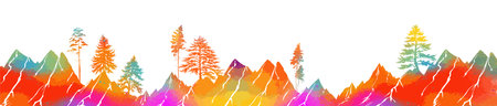 Colored mountain background and trees in the sky. Hand drawing. Not AI. Vector illustrationのイラスト素材