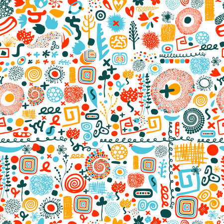 Seamless trendy pattern on a white background of colored different elements. hand drawing. Not AI, Vector illustrationのイラスト素材