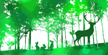 Deer in the green forest. Watercolor trees. hand drawing. Not AI. Vector illustrationのイラスト素材