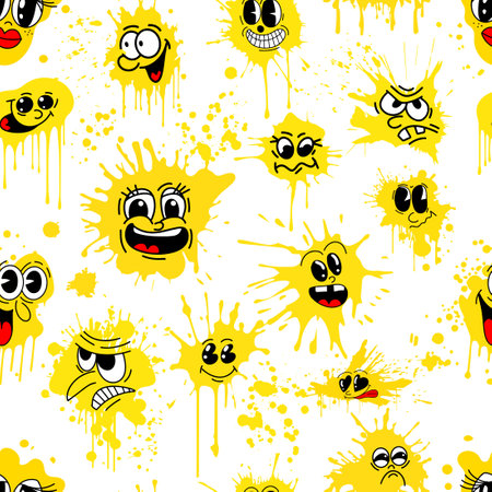 Seamless background emoticons . Set of blots yellow faces of people. hand drawing. Not AI. Vector illustrationのイラスト素材