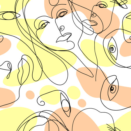 Elegant abstract seamless pattern with famale faces drawn one line on white background. Fashion trend. Brain and mind of people. Vector illustration.のイラスト素材